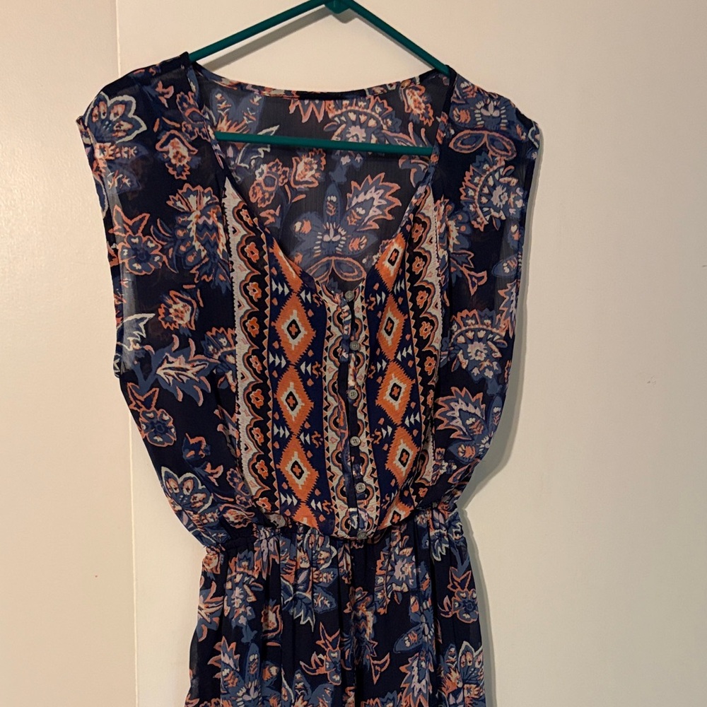 Hollister Navy Midi Dress with Orange and Cream Folk Print